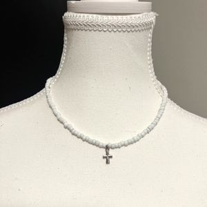 White Beads Silver Tone Cross Pendant Lobster Claw Closure 16 Inch Necklace